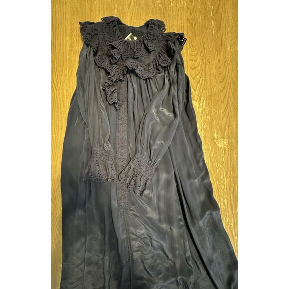 Nikki Chasin Small Sonnet Dress Ruffle Collar Cuff Eyelet Button Maxi Silky Navy - Picture 11 of 15